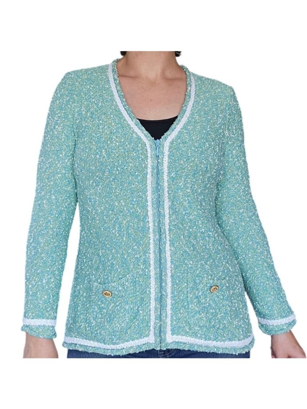 Vintage Bloomingdale's Blue Green Zip up Cardigan Women's Size L Preppy Spring